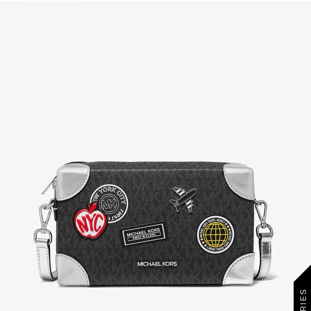 Michael Kors Jeanie Small EW Trunk Crossbody Travel Agency MK Logo Black/Silver - Picture 3 of 5